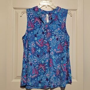 Dear Scarlett Blue and Pink Sailboat & Palm Tree Blouse Sz M